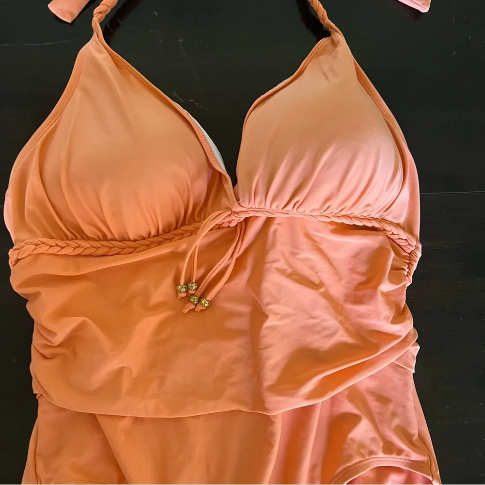 Bleu Rod Beattie orange one piece swimsuit halter braided tie padded bust
